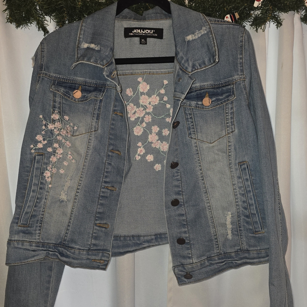 Jou Jou Blue Jean Jacket with Pink Floral Embroidery